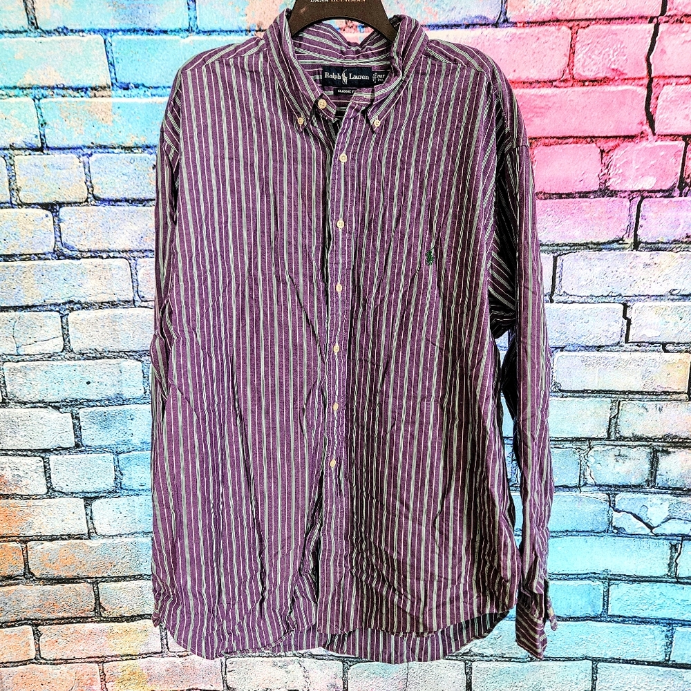 Polo by Ralph Lauren Purple/White/Green Striped Men's Button Up Dress Shirt 2XLT